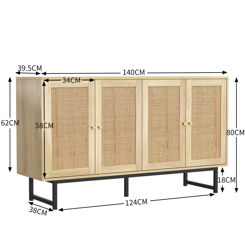 Buffet naturelle effet bois 4 portes en rotin 140*39*80cm STIQNOID