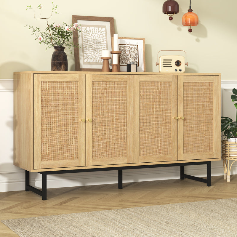 Buffet naturelle effet bois 4 portes en rotin 140*39*80cm STIQNOID
