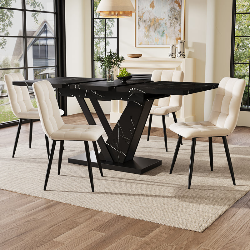 Table de salle à manger extensible effet marble noir pieds en forme de V (120-160*75cm) STRAKUL