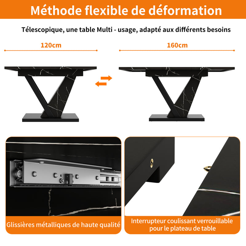 Table de salle à manger extensible effet marble noir pieds en forme de V (120-160*75cm) STRAKUL