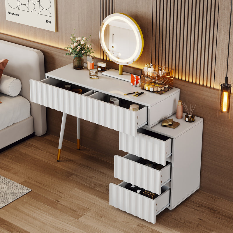 Coiffeuse blanche avec design ondulé, miroir éclairage LED STRINQRIN