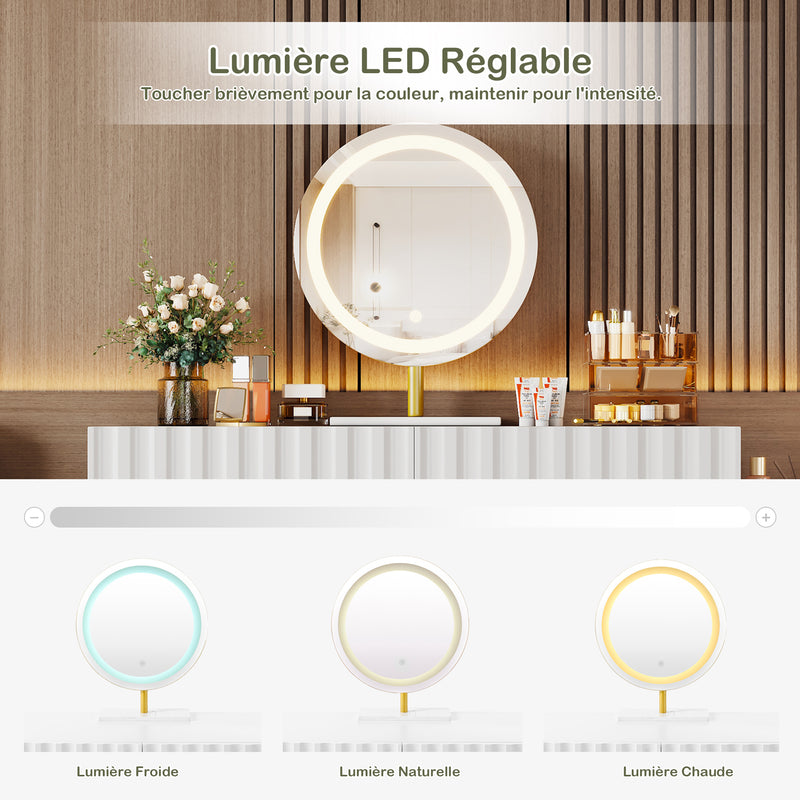 Coiffeuse blanche avec design ondulé, miroir éclairage LED STRINQRIN