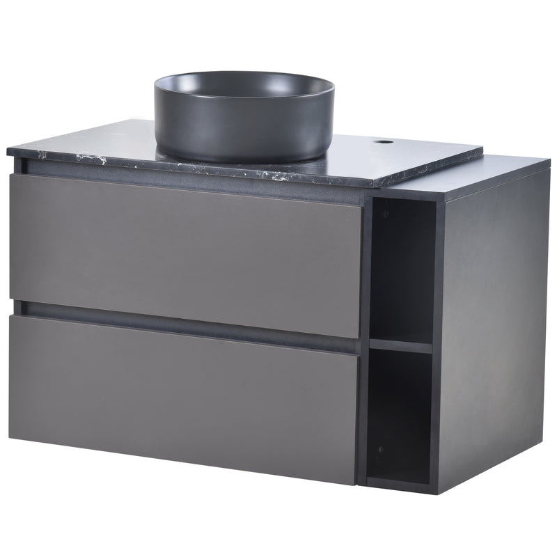Meuble vasque suspendu avec vasque gris-noir, double tiroirs et plan en marbre noir (robinet non inclus) STROMATOL