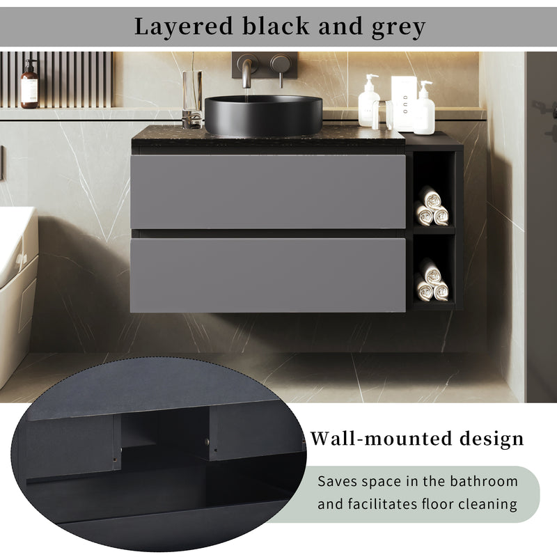 Meuble vasque suspendu avec vasque gris-noir, double tiroirs et plan en marbre noir (robinet non inclus) STROMATOL