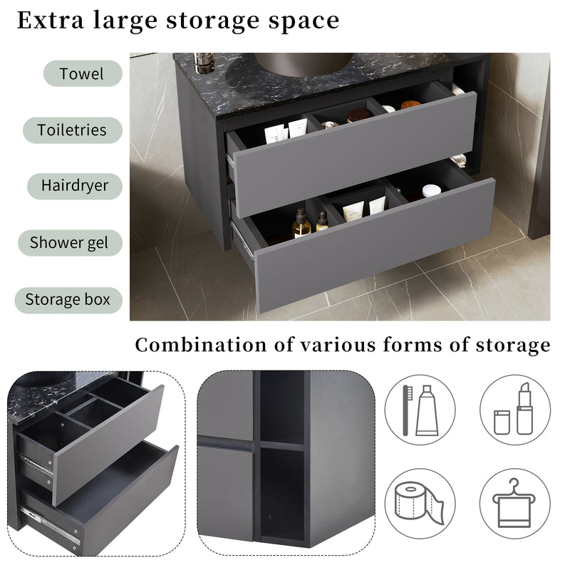 Meuble vasque suspendu avec vasque gris-noir, double tiroirs et plan en marbre noir (robinet non inclus) STROMATOL