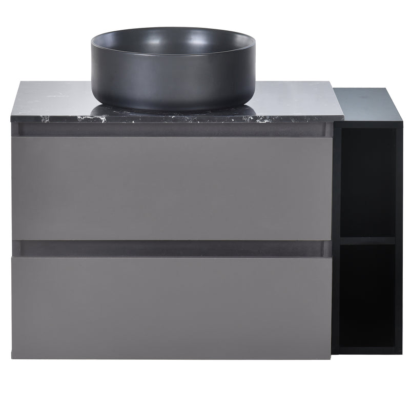 Meuble vasque suspendu avec vasque gris-noir, double tiroirs et plan en marbre noir (robinet non inclus) STROMATOL