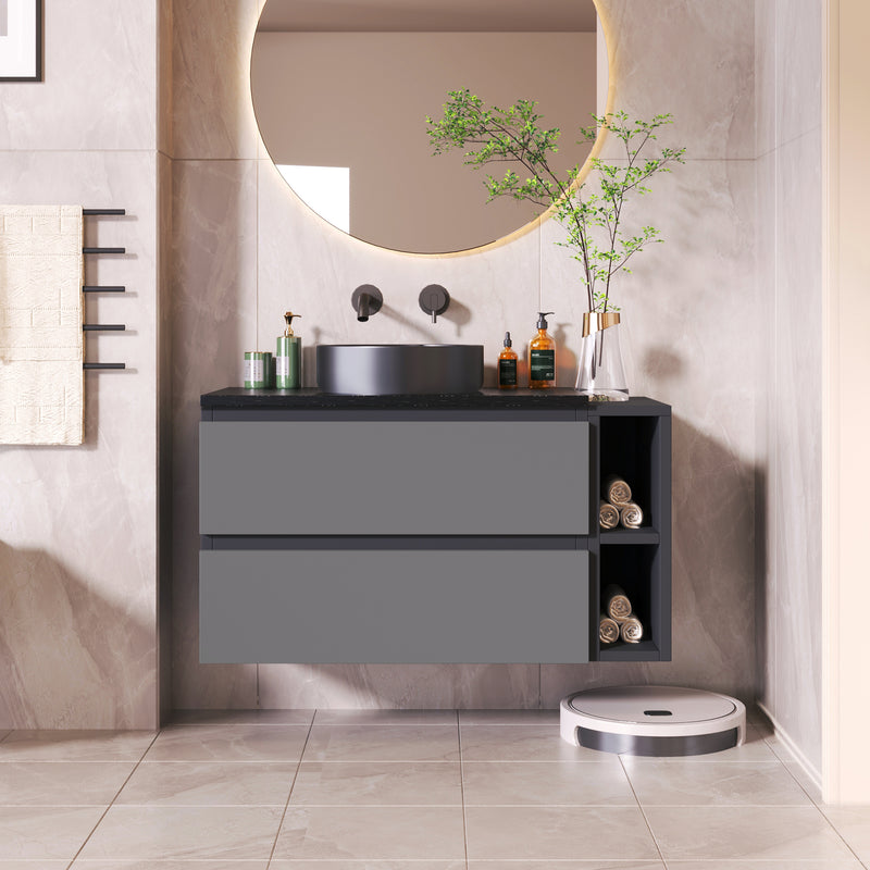 Meuble vasque suspendu avec vasque gris-noir, double tiroirs et plan en marbre noir (robinet non inclus) STROMATOL