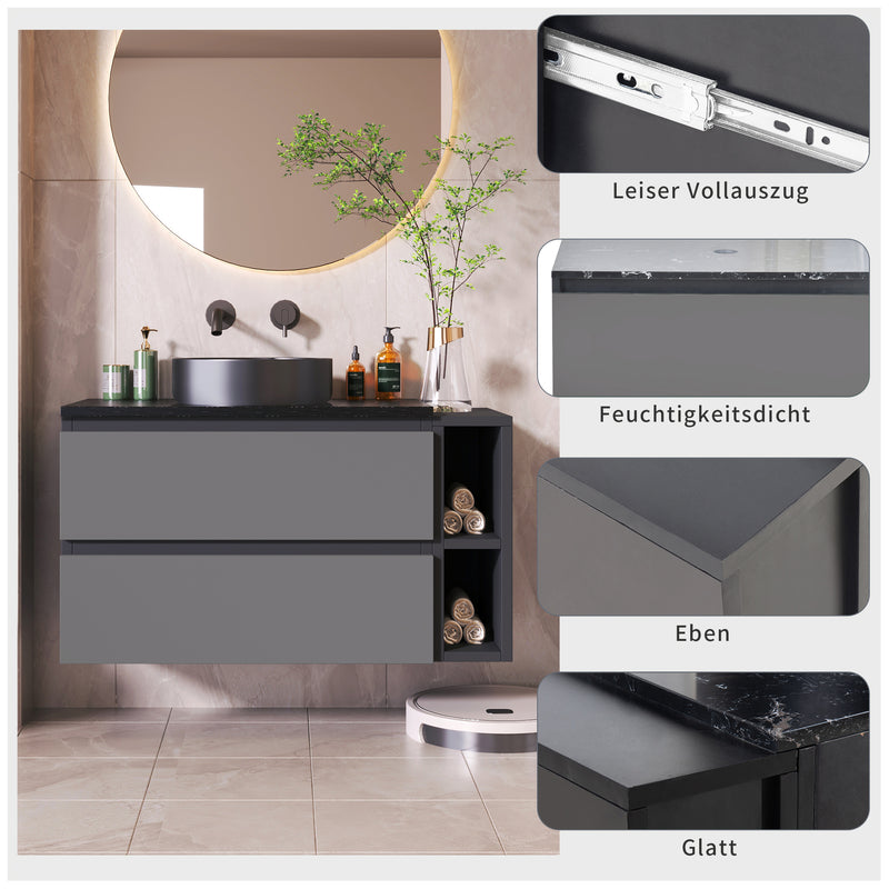 Meuble vasque suspendu avec vasque gris-noir, double tiroirs et plan en marbre noir (robinet non inclus) STROMATOL