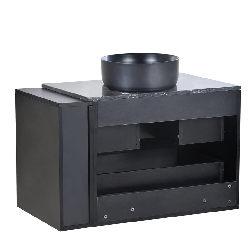 Meuble vasque suspendu avec vasque gris-noir, double tiroirs et plan en marbre noir (robinet non inclus) STROMATOL