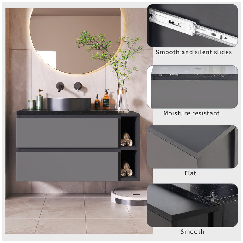 Meuble vasque suspendu avec vasque gris-noir, double tiroirs et plan en marbre noir (robinet non inclus) STROMATOL