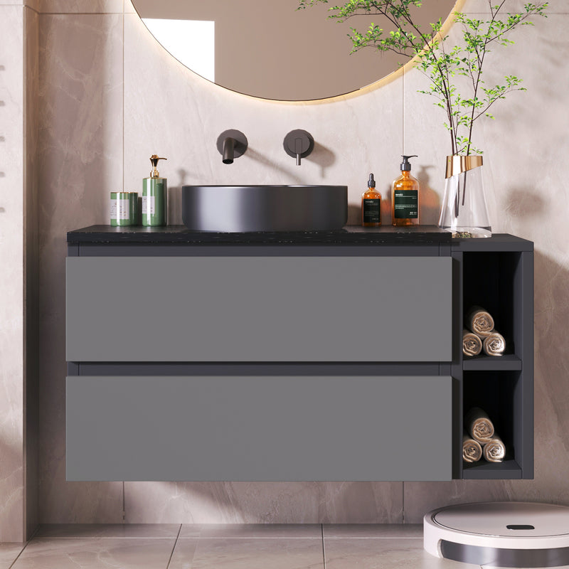 Meuble vasque suspendu avec vasque gris-noir, double tiroirs et plan en marbre noir (robinet non inclus) STROMATOL