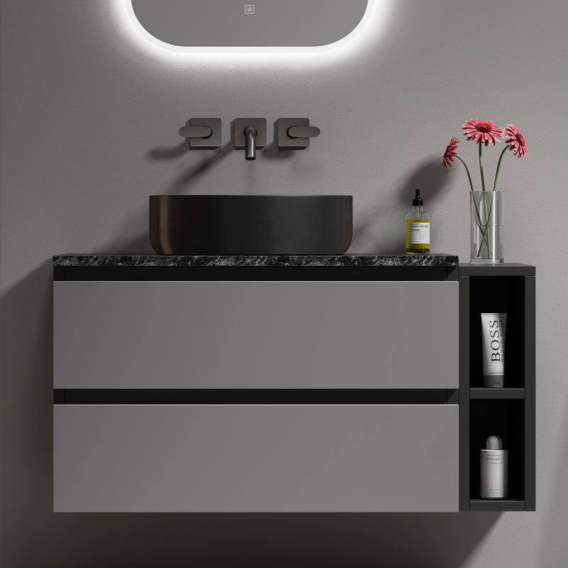 Meuble vasque suspendu avec vasque gris-noir, double tiroirs et plan en marbre noir (robinet non inclus) STROMATOL