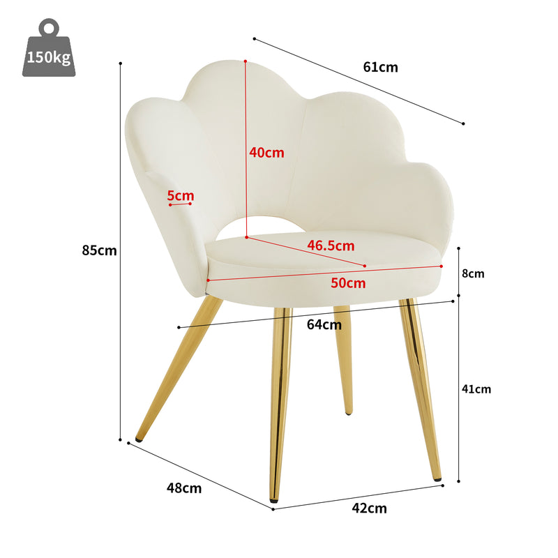 Lot de 2 chaises de salle à manger au design floral velours blanc chaise, pieds en fer doré galvanisé STRULZIDS