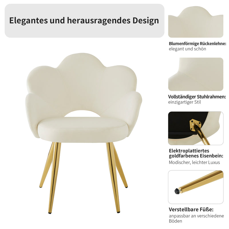 Lot de 2 chaises de salle à manger au design floral velours blanc chaise, pieds en fer doré galvanisé STRULZIDS