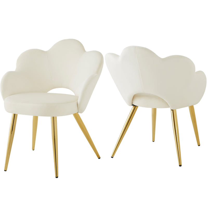 Lot de 2 chaises de salle à manger au design floral velours blanc chaise, pieds en fer doré galvanisé STRULZIDS