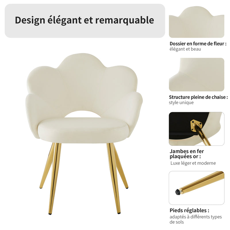 Lot de 2 chaises de salle à manger au design floral velours blanc chaise, pieds en fer doré galvanisé STRULZIDS