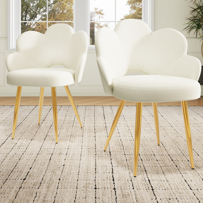 Lot de 2 chaises de salle à manger au design floral velours blanc chaise, pieds en fer doré galvanisé STRULZIDS