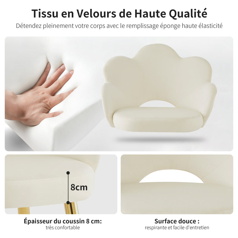 Lot de 2 chaises de salle à manger au design floral velours blanc chaise, pieds en fer doré galvanisé STRULZIDS