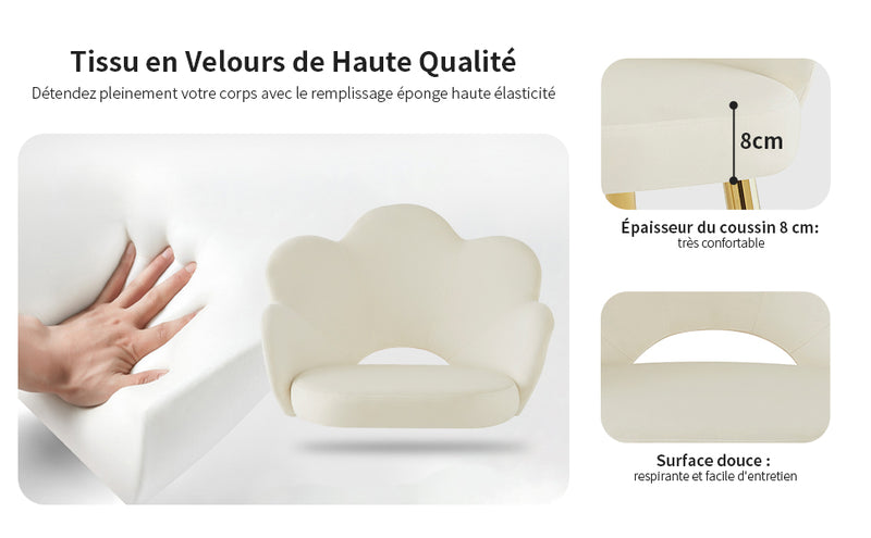 Lot de 2 chaises de salle à manger au design floral velours blanc chaise, pieds en fer doré galvanisé STRULZIDS