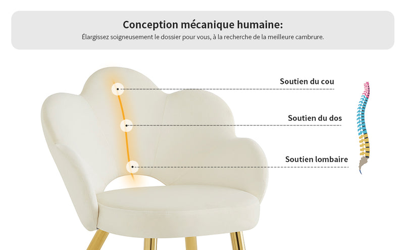 Lot de 2 chaises de salle à manger au design floral velours blanc chaise, pieds en fer doré galvanisé STRULZIDS