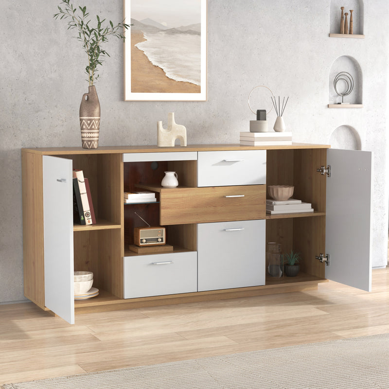 Buffet blanc et effet bois 2 portes 4 tiroirs avec éclairage LED 16 couleurs STUD