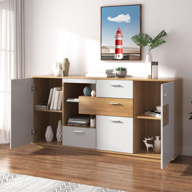 Buffet blanc et effet bois 2 portes 4 tiroirs avec éclairage LED 16 couleurs STUD