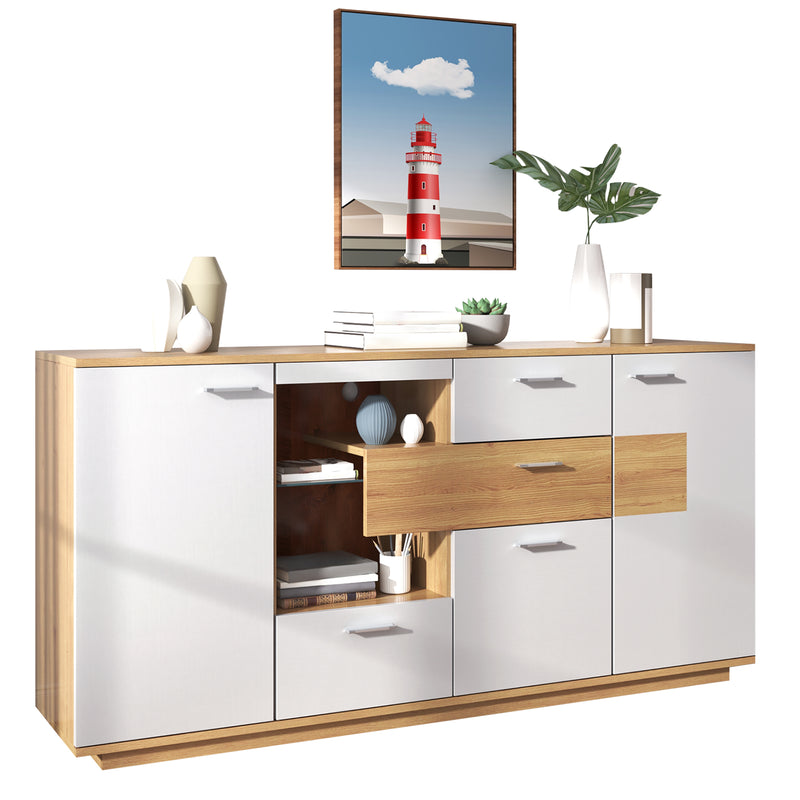 Buffet blanc et effet bois 2 portes 4 tiroirs avec éclairage LED 16 couleurs STUD