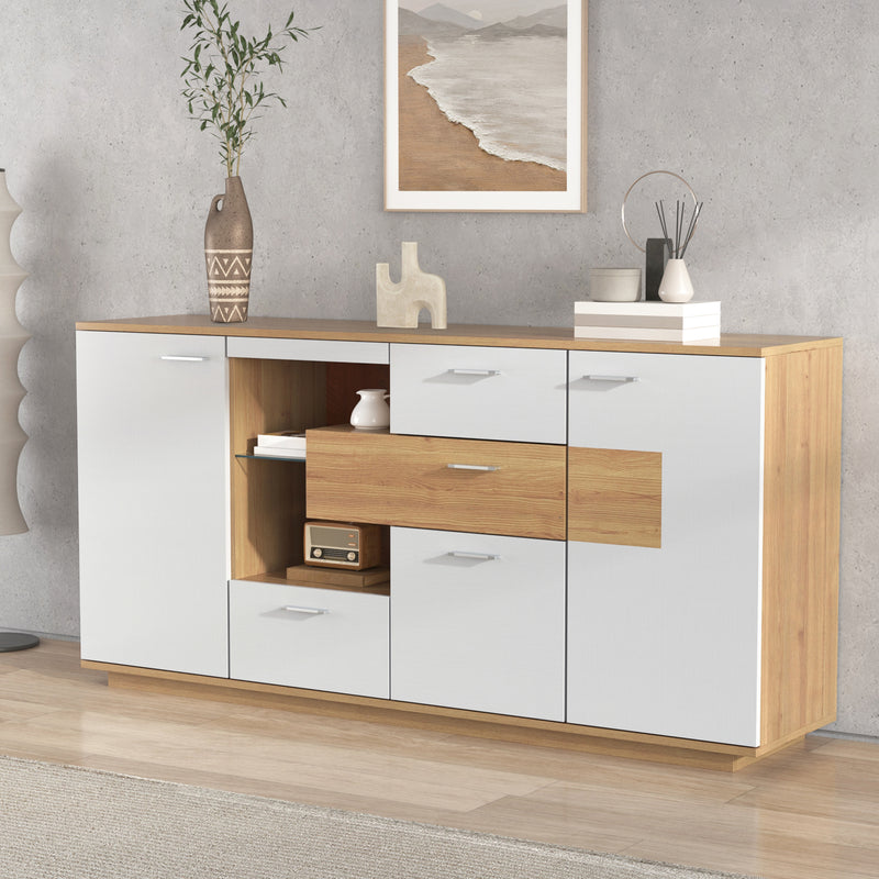 Buffet blanc et effet bois 2 portes 4 tiroirs avec éclairage LED 16 couleurs STUD