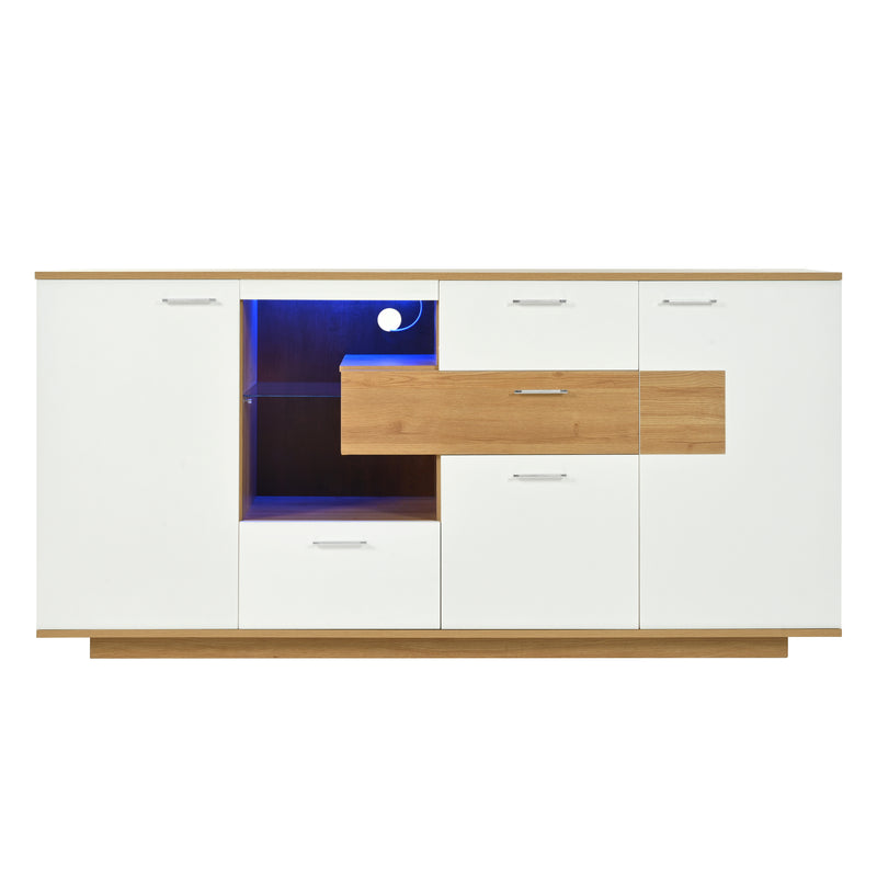 Buffet blanc et effet bois 2 portes 4 tiroirs avec éclairage LED 16 couleurs STUD