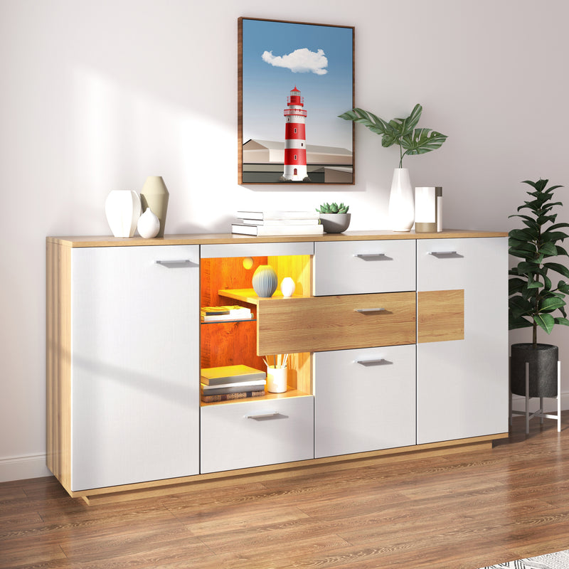Buffet blanc et effet bois 2 portes 4 tiroirs avec éclairage LED 16 couleurs STUD