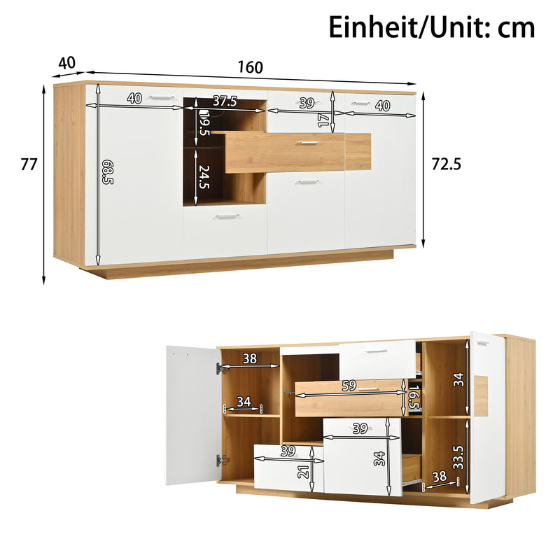 Buffet blanc et effet bois 2 portes 4 tiroirs avec éclairage LED 16 couleurs STUD