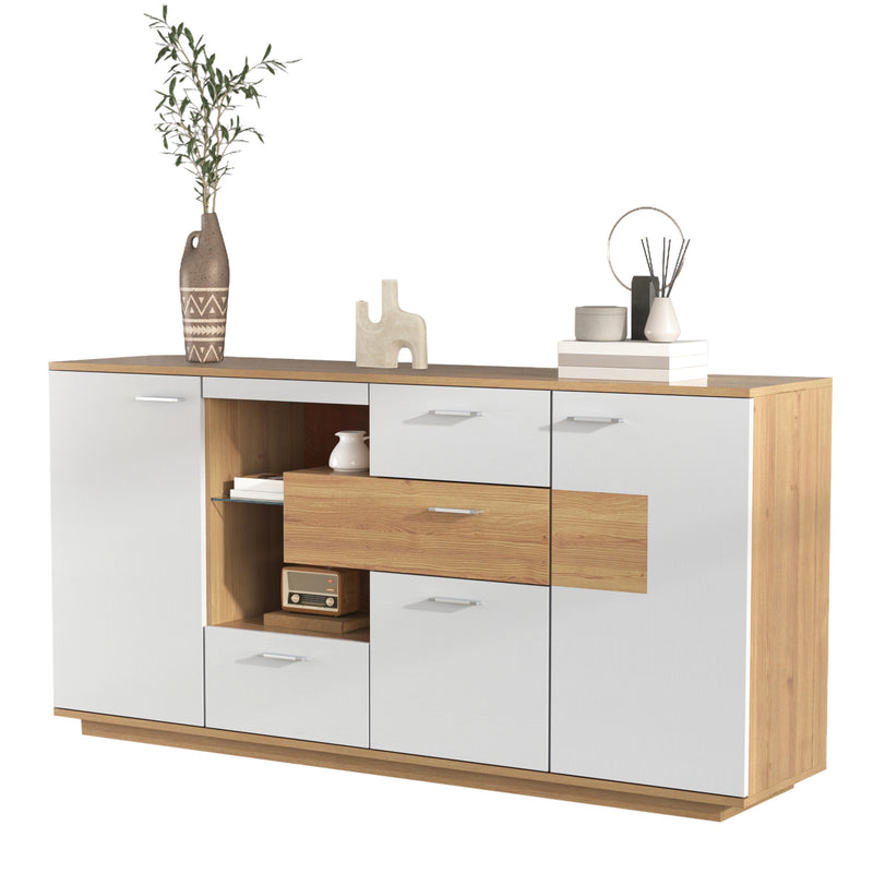 Buffet blanc et effet bois 2 portes 4 tiroirs avec éclairage LED 16 couleurs STUD