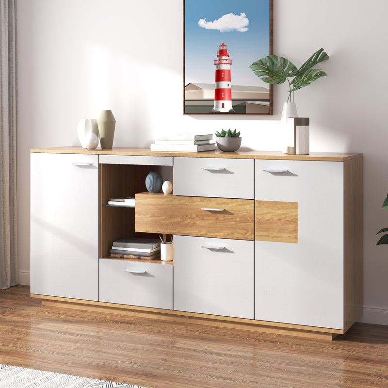 Buffet blanc et effet bois 2 portes 4 tiroirs avec éclairage LED 16 couleurs STUD