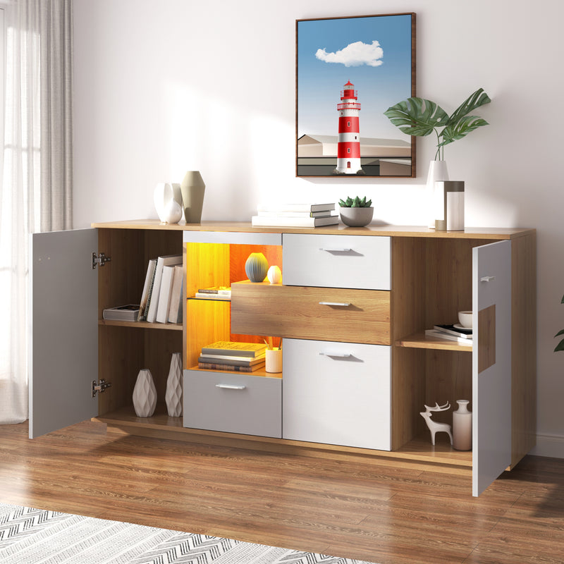 Buffet blanc et effet bois 2 portes 4 tiroirs avec éclairage LED 16 couleurs STUD