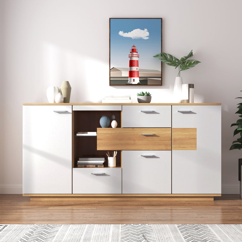 Buffet blanc et effet bois 2 portes 4 tiroirs avec éclairage LED 16 couleurs STUD