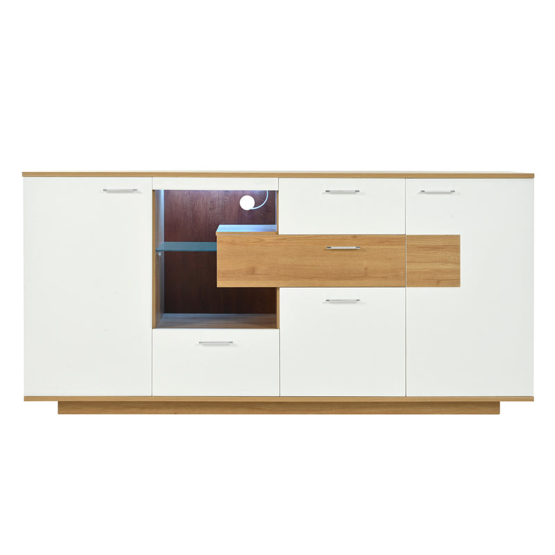 Buffet blanc et effet bois 2 portes 4 tiroirs avec éclairage LED 16 couleurs STUD