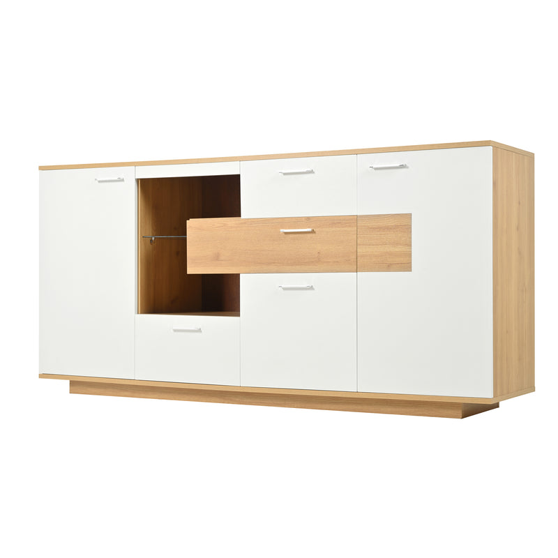 Buffet blanc et effet bois 2 portes 4 tiroirs avec éclairage LED 16 couleurs STUD