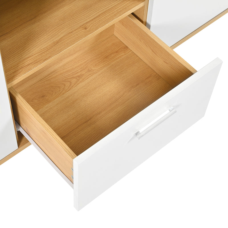 Buffet blanc et effet bois 2 portes 4 tiroirs avec éclairage LED 16 couleurs STUD