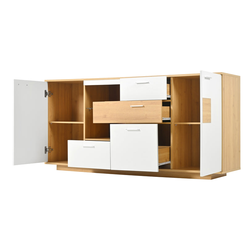 Buffet blanc et effet bois 2 portes 4 tiroirs avec éclairage LED 16 couleurs STUD