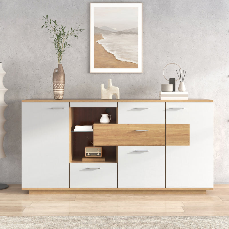 Buffet blanc et effet bois 2 portes 4 tiroirs avec éclairage LED 16 couleurs STUD