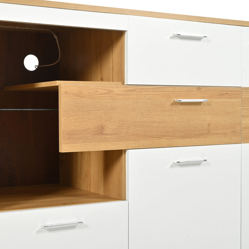 Buffet blanc et effet bois 2 portes 4 tiroirs avec éclairage LED 16 couleurs STUD