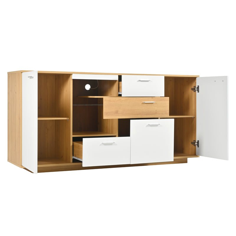Buffet blanc et effet bois 2 portes 4 tiroirs avec éclairage LED 16 couleurs STUD