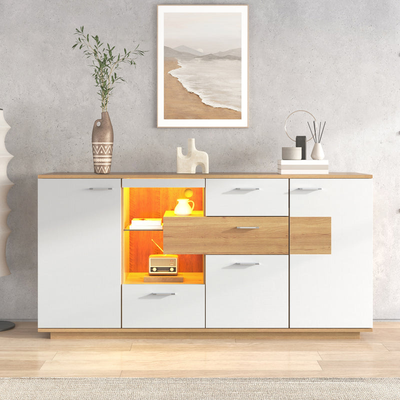 Buffet blanc et effet bois 2 portes 4 tiroirs avec éclairage LED 16 couleurs STUD