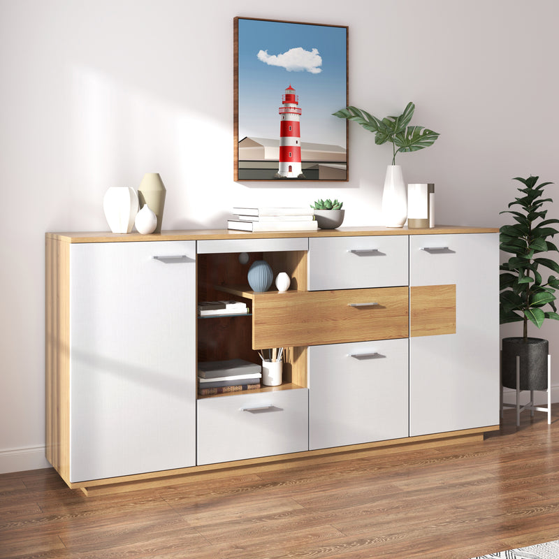 Buffet blanc et effet bois 2 portes 4 tiroirs avec éclairage LED 16 couleurs STUD