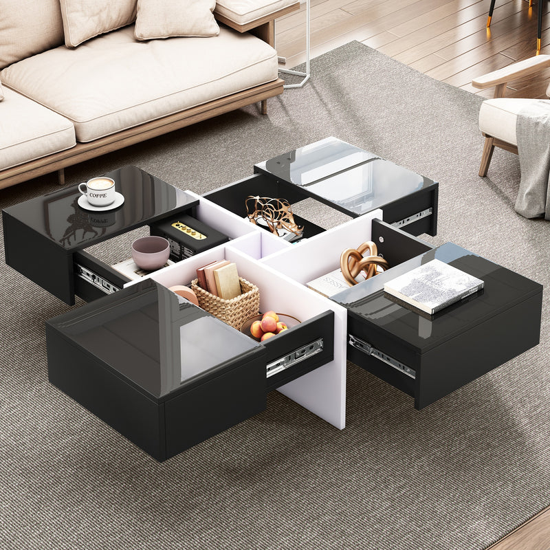 Table basse carrée noir brillant et blanc avec 4 tiroirs 70x70x35cm SUBSTRATE