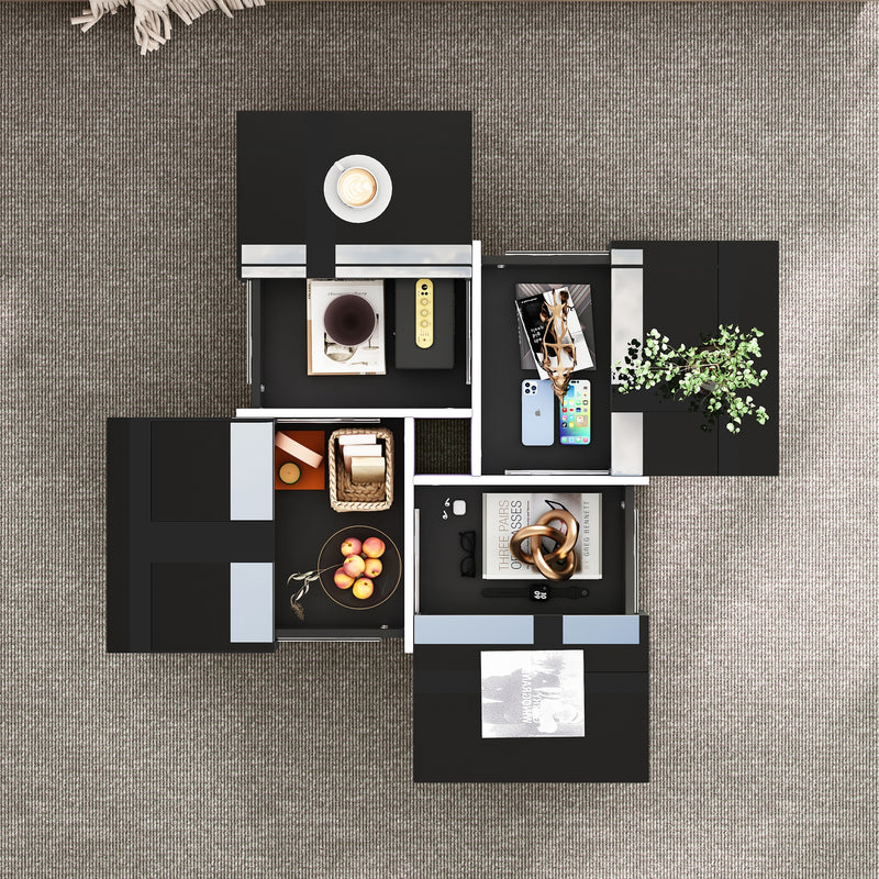 Table basse carrée noir brillant et blanc avec 4 tiroirs 70x70x35cm SUBSTRATE