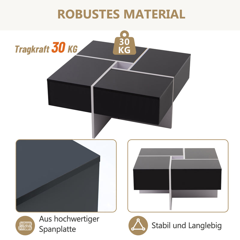 Table basse carrée noir brillant et blanc avec 4 tiroirs 70x70x35cm SUBSTRATE