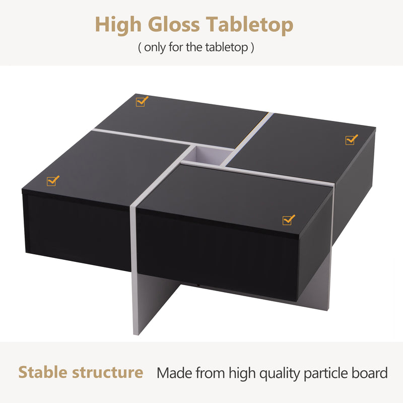 Table basse carrée noir brillant et blanc avec 4 tiroirs 70x70x35cm SUBSTRATE