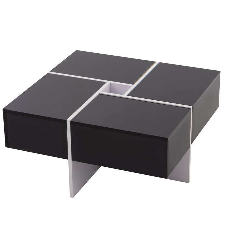 Table basse carrée noir brillant et blanc avec 4 tiroirs 70x70x35cm SUBSTRATE