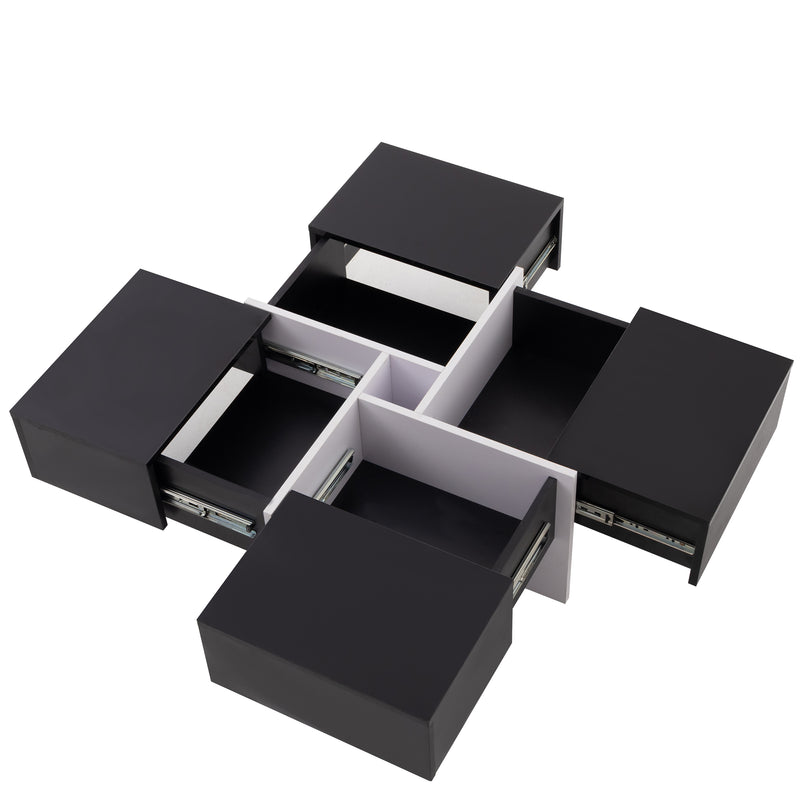 Table basse carrée noir brillant et blanc avec 4 tiroirs 70x70x35cm SUBSTRATE